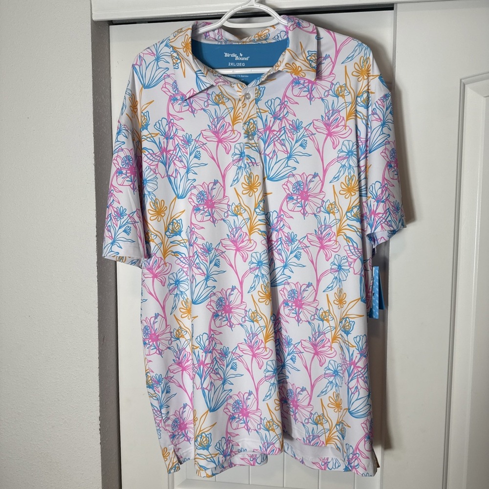 Birdie Bound Men's 2XL Hawaiian Golf Polo Shirt Floral Performance Stretch UPF
